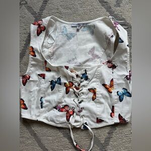 Butterfly Print Lace-Up Vest